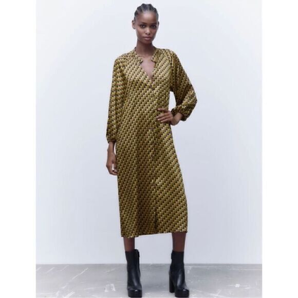 Zara Geometric Printed Satin Effect Flowy Midi Dress - Picture 3 of 6